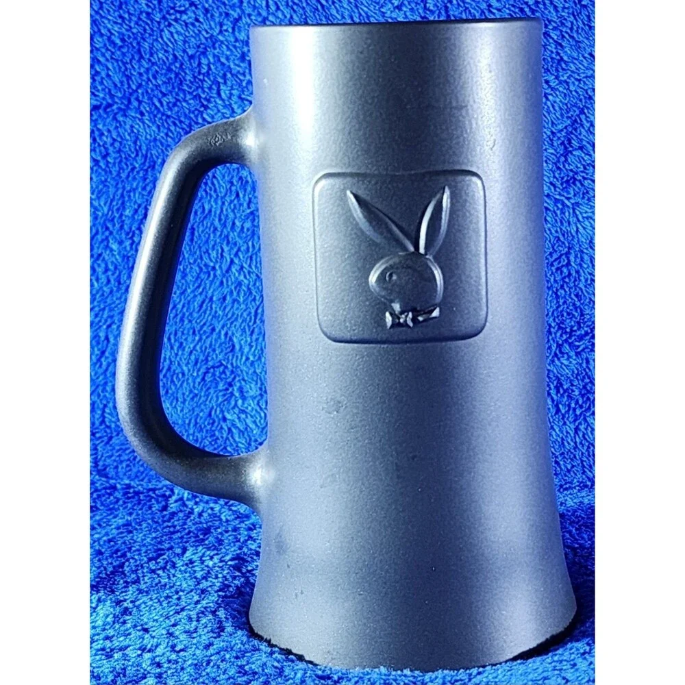 Vintage “PLAYBOY CLUB” Gunmetal Glass Beer Stein Mug Cup Embossed Bunny Logo